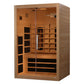 Almost Heaven Elysian 2-3 person infrared sauna with light wood exterior, glass door, wooden interior benches, and black heat