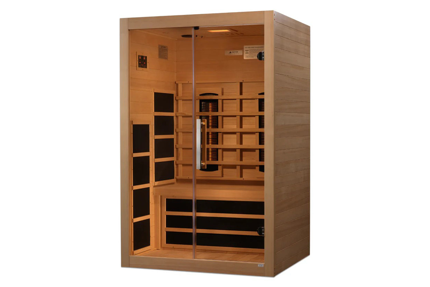 Almost Heaven Elysian 2-3 person infrared sauna with light wood exterior, glass door, wooden interior benches, and black heat