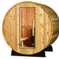 Almost Heaven Essex barrel sauna with natural wood construction, open door showing interior bench seating on white background