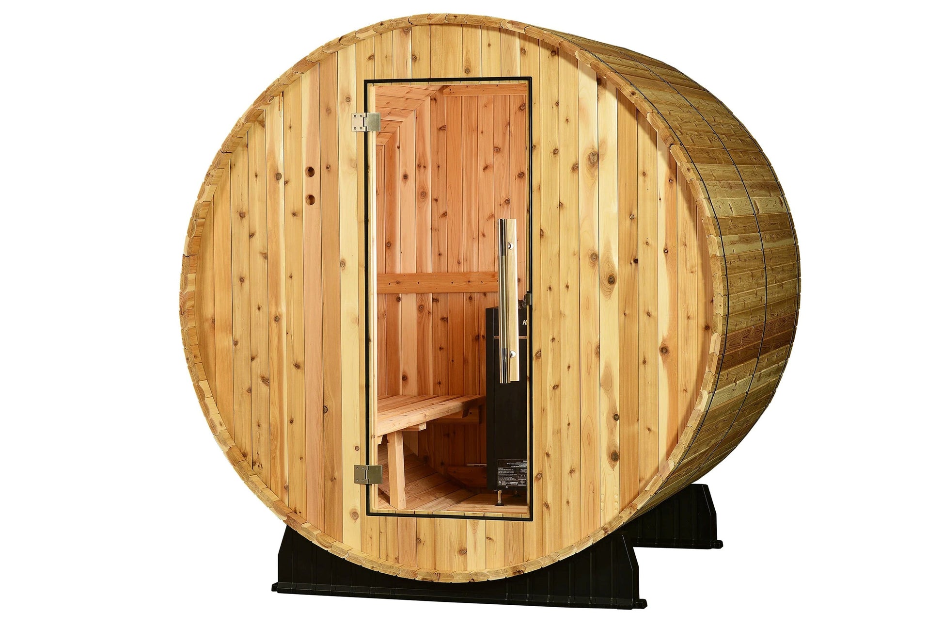 Almost Heaven Essex barrel sauna with natural wood construction, open door showing interior bench seating on white background