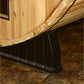Almost Heaven Essex 4-person classic barrel sauna with light wood exterior and black metal base on tile floor