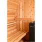 Almost Heaven Essex barrel sauna interior with light wood benches and walls, black heater visible on right