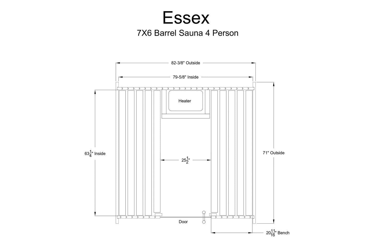 Essex 7x6 barrel sauna 4 person with technical dimensions and heater specifications diagram