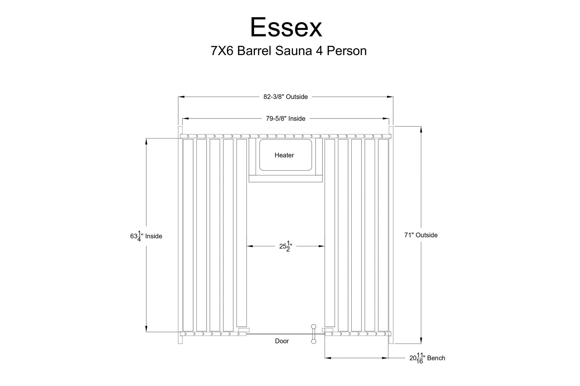 Essex 7x6 barrel sauna 4 person with technical dimensions and heater specifications diagram