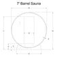 7-foot barrel sauna with circular wooden construction, rectangular door opening, and dimensions labeled on technical blueprin