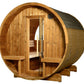 Wooden barrel sauna with half-moon canopy design, glass door, ventilation vent, and wood bench seating visible inside, on whi
