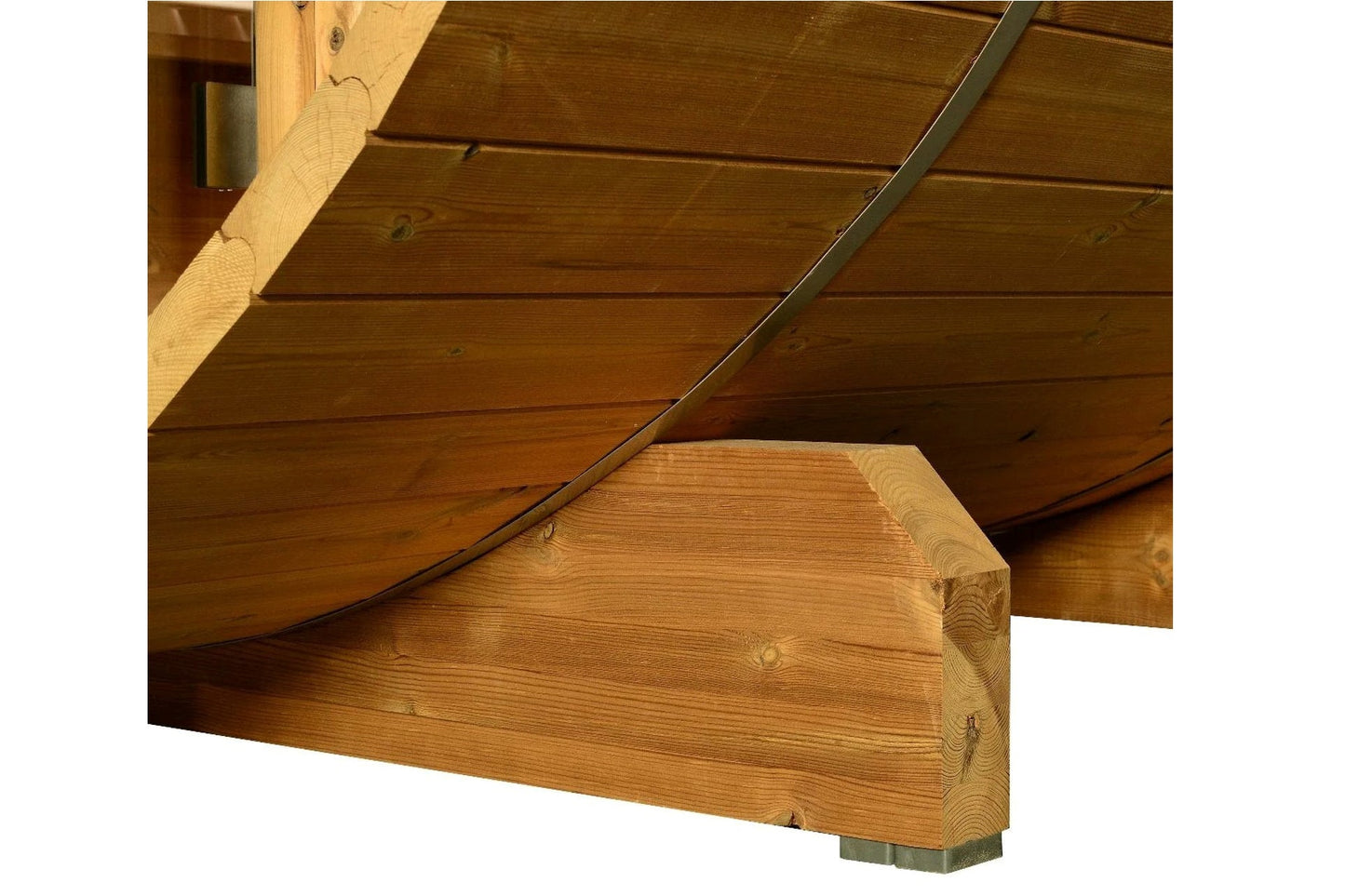 Wooden beam and curved metal support detail of barrel sauna exterior construction on white background