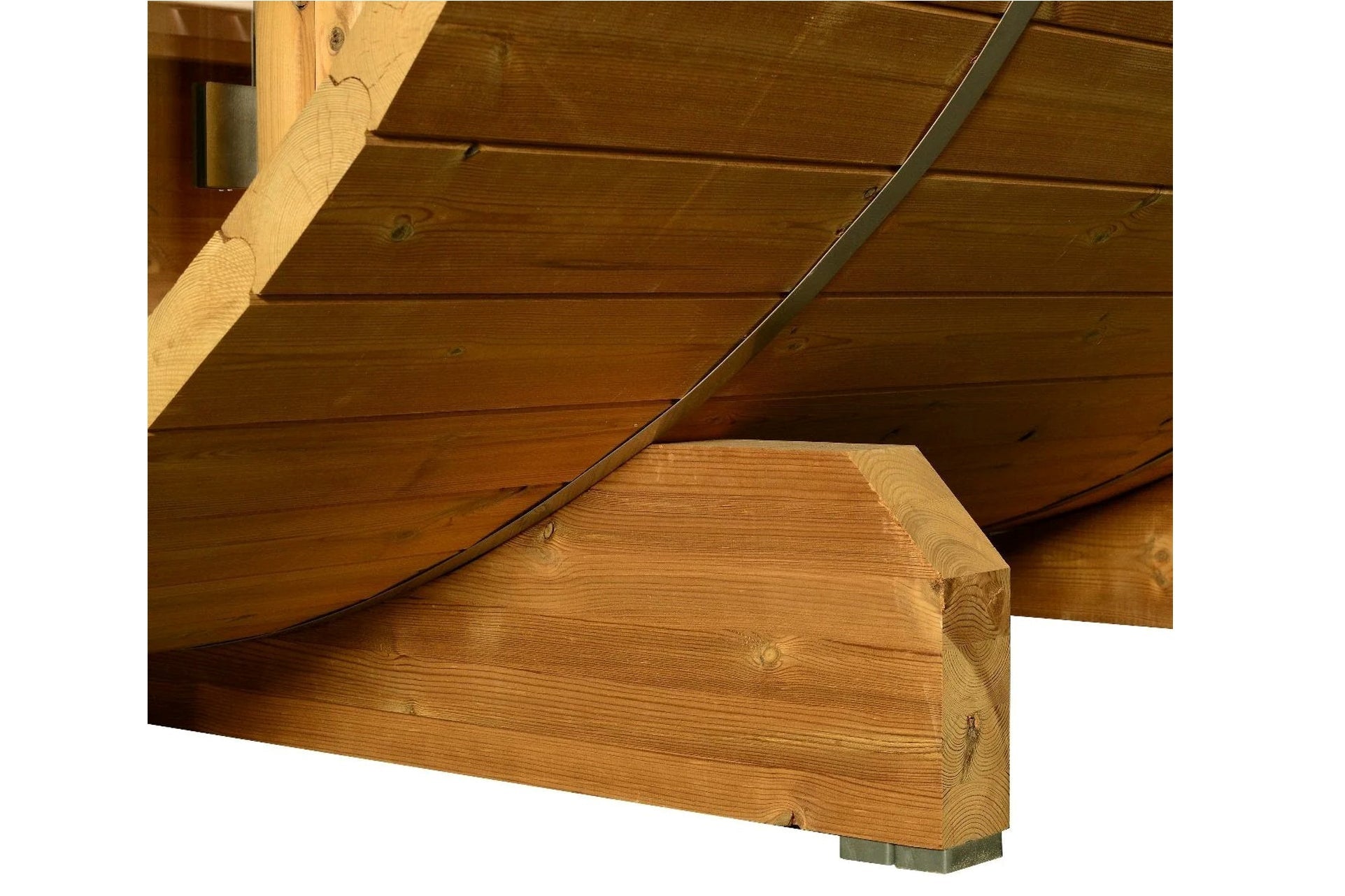 Wooden beam and curved metal support detail of barrel sauna exterior construction on white background