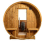 Wooden barrel sauna with half-moon design, glass door, interior bench seating, and black heater stove, isolated on white back
