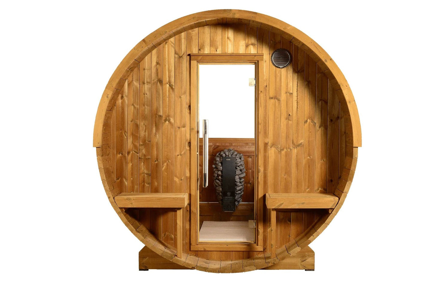 Wooden barrel sauna with half-moon design, glass door, interior bench seating, and black heater stove, isolated on white back