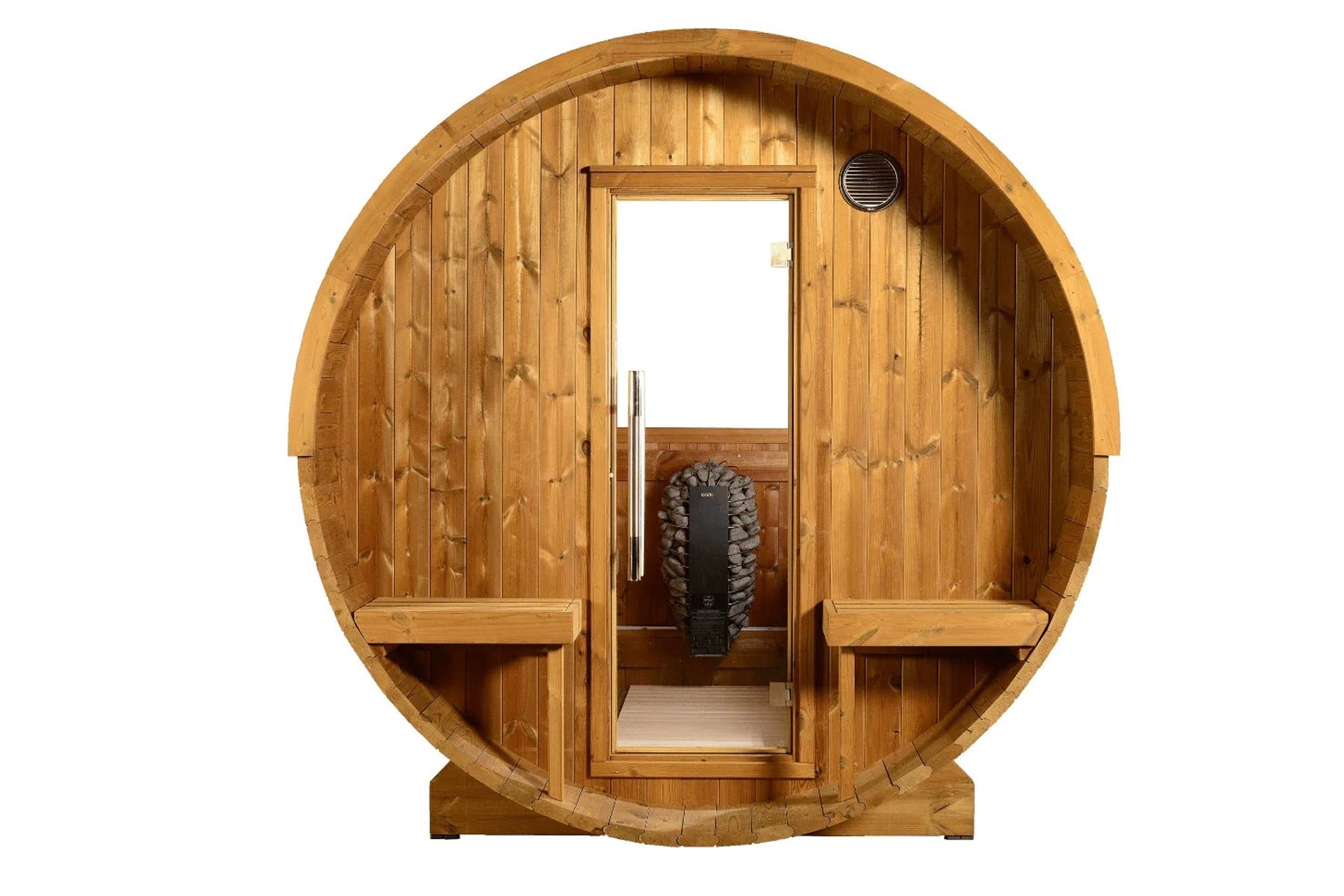 Wooden barrel sauna with half-moon design, glass door, interior bench seating, and black heater stove, isolated on white back