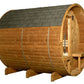 Wooden barrel sauna with gray shingle roof, cedar construction, open door with interior visible, metal bands, and wooden supp