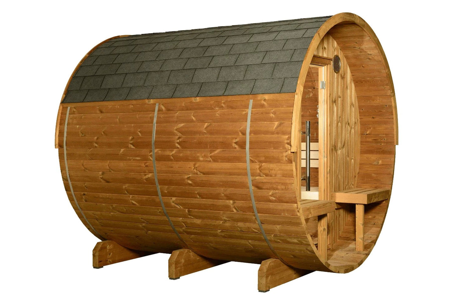 Wooden barrel sauna with gray shingle roof, cedar construction, open door with interior visible, metal bands, and wooden supp