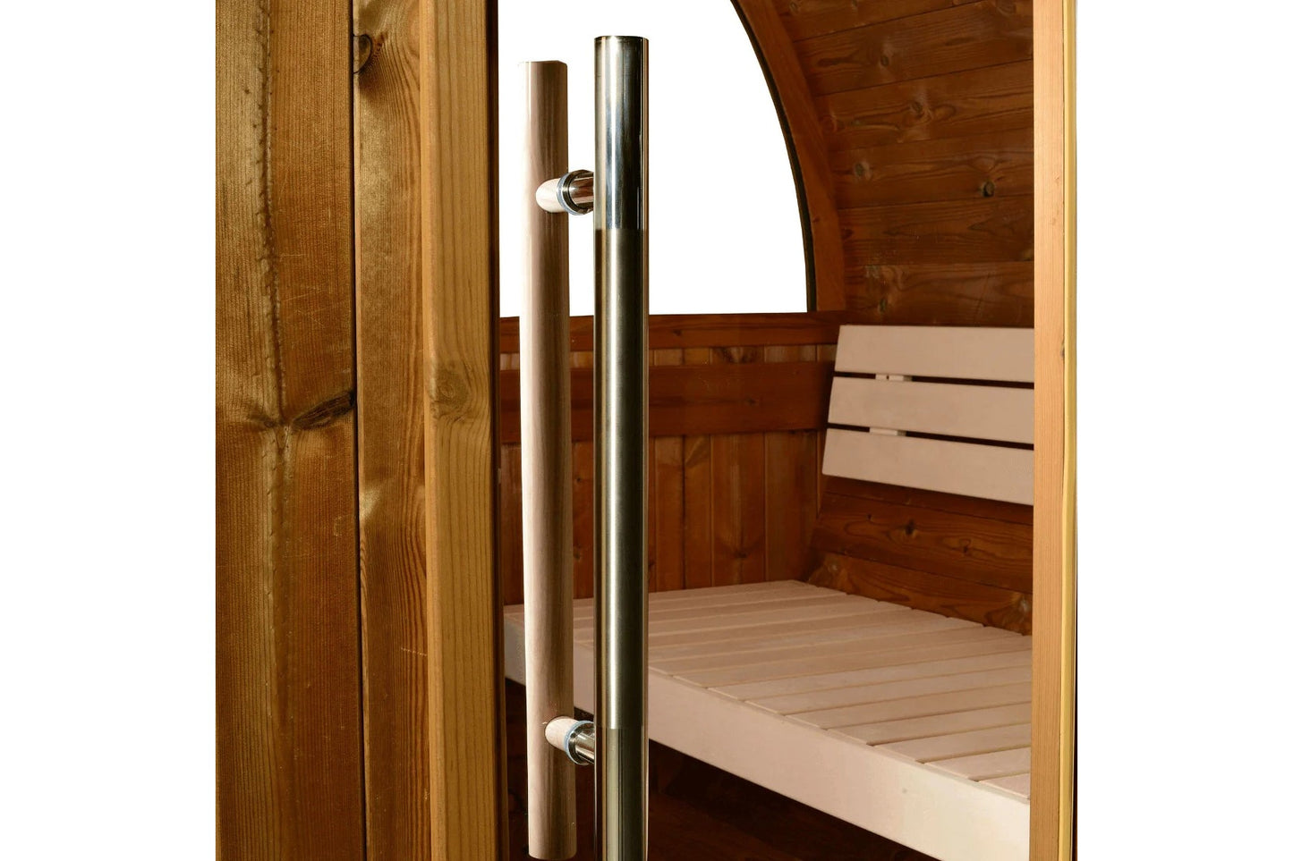 Stainless steel pull handle with white accents on wooden barrel sauna door, interior view showing wooden bench and curved ced