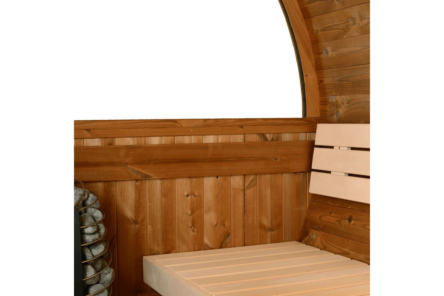 Wooden barrel sauna interior showing cedar walls and bench seating with light wood slats, arched ceiling, and decorative rope