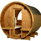 Barrel sauna with half-moon canopy design, made of light brown wood with vertical planks, open door entrance, ventilation gri