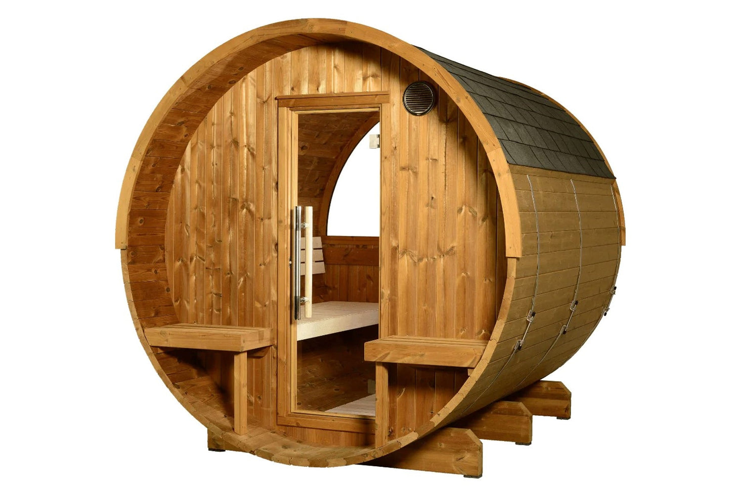 Barrel sauna with half-moon canopy design, made of light brown wood with vertical planks, open door entrance, ventilation gri