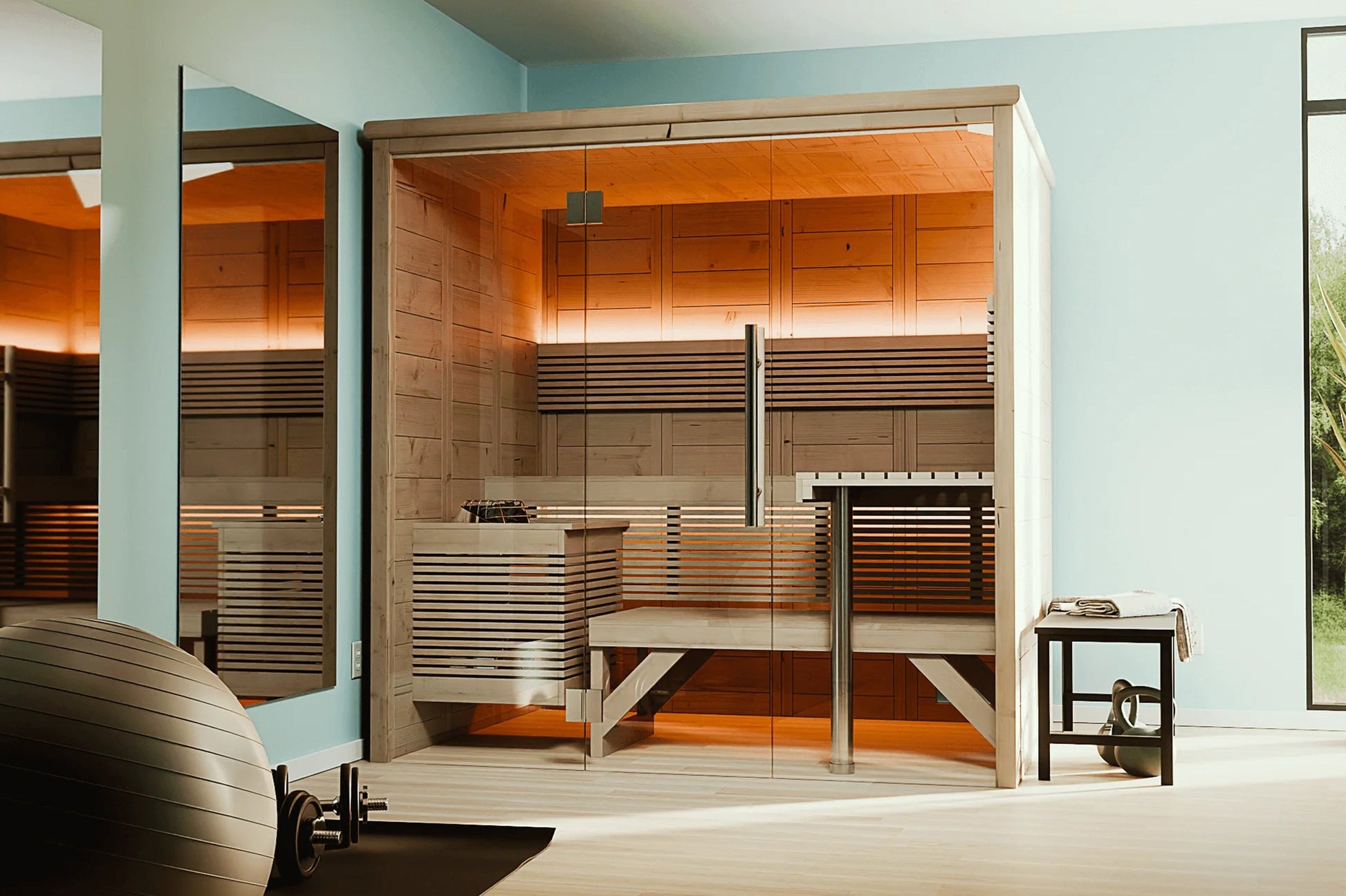 Almost Heaven Everwood indoor sauna with cedar wood construction, glass doors, horizontal slat benches, and orange ambient li