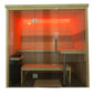 Almost Heaven Everwood 2-5 person indoor sauna with natural wood frame, glass doors, infrared heating panels glowing red, woo