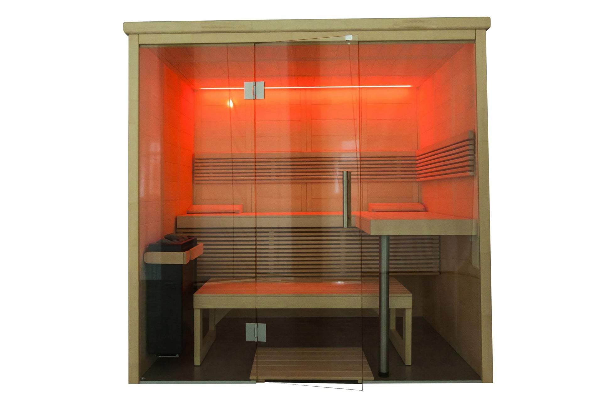 Almost Heaven Everwood 2-5 person indoor sauna with natural wood frame, glass doors, infrared heating panels glowing red, woo