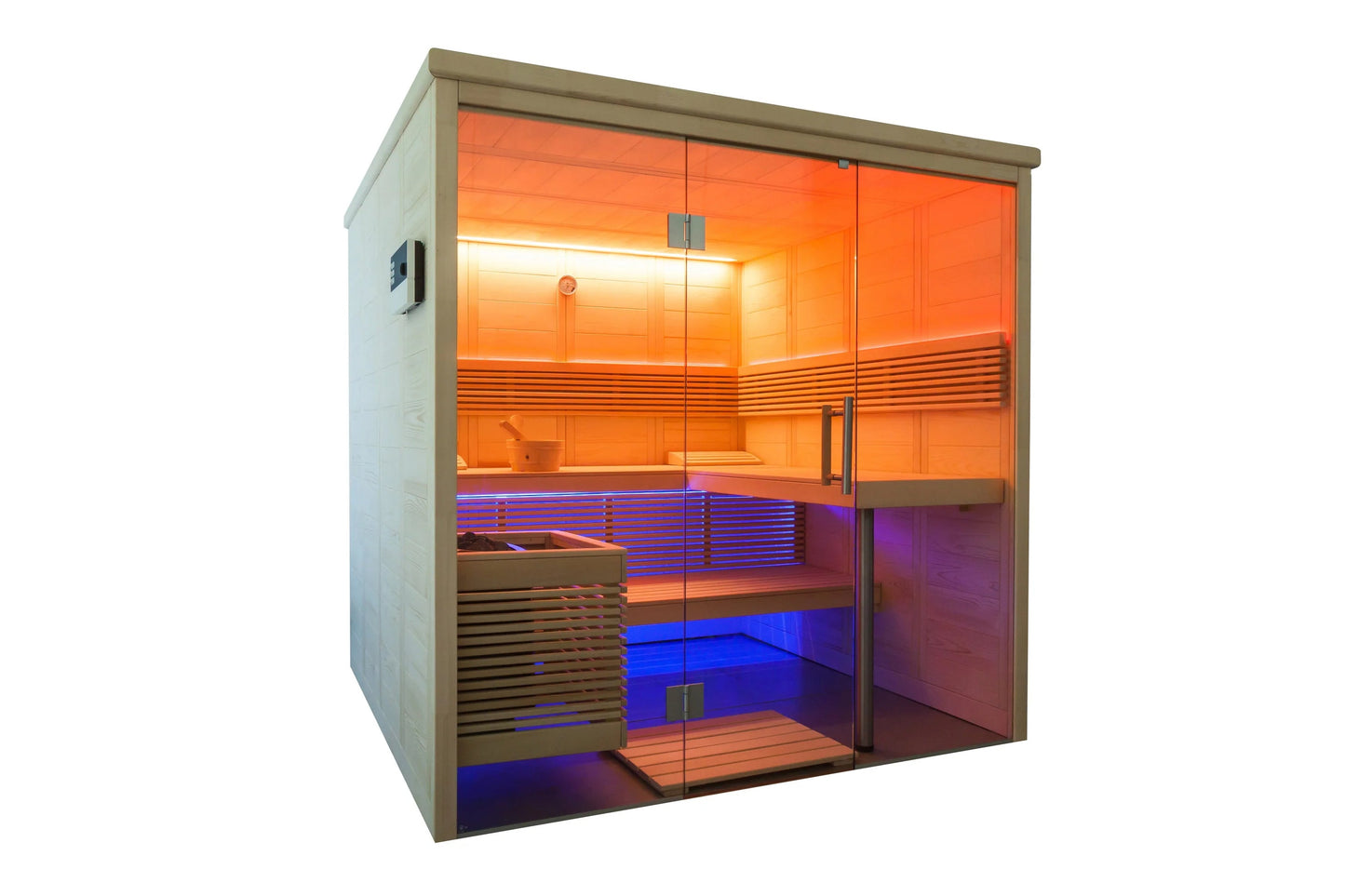 Almost Heaven Everwood sauna with light wood frame, glass doors, wooden benches, and chromotherapy lighting in orange and blu