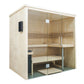 Almost Heaven Everwood indoor sauna with light wood construction, glass front doors, tiered wooden benches, and black heater 