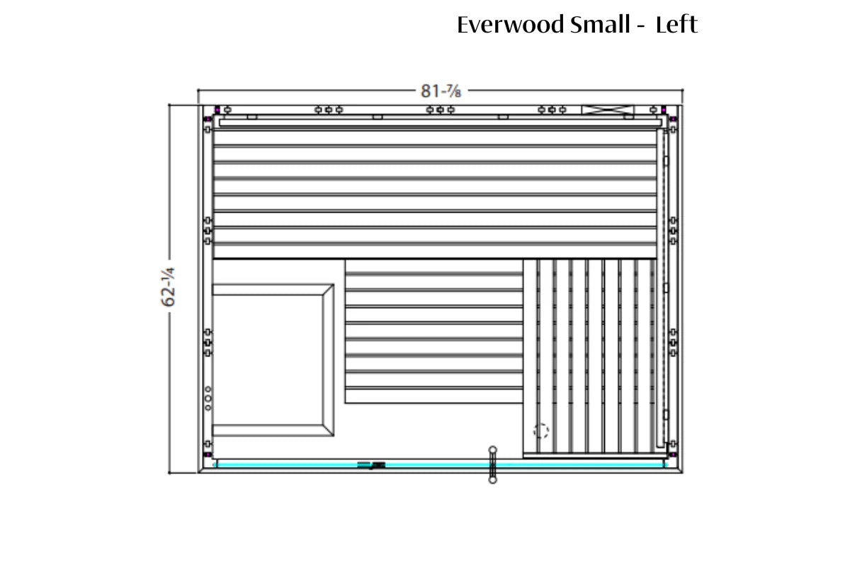 Everwood small sauna left view floor plan with dimensions 81-7/8 inches wide by 62-1/4 inches tall, featuring horizontal benc