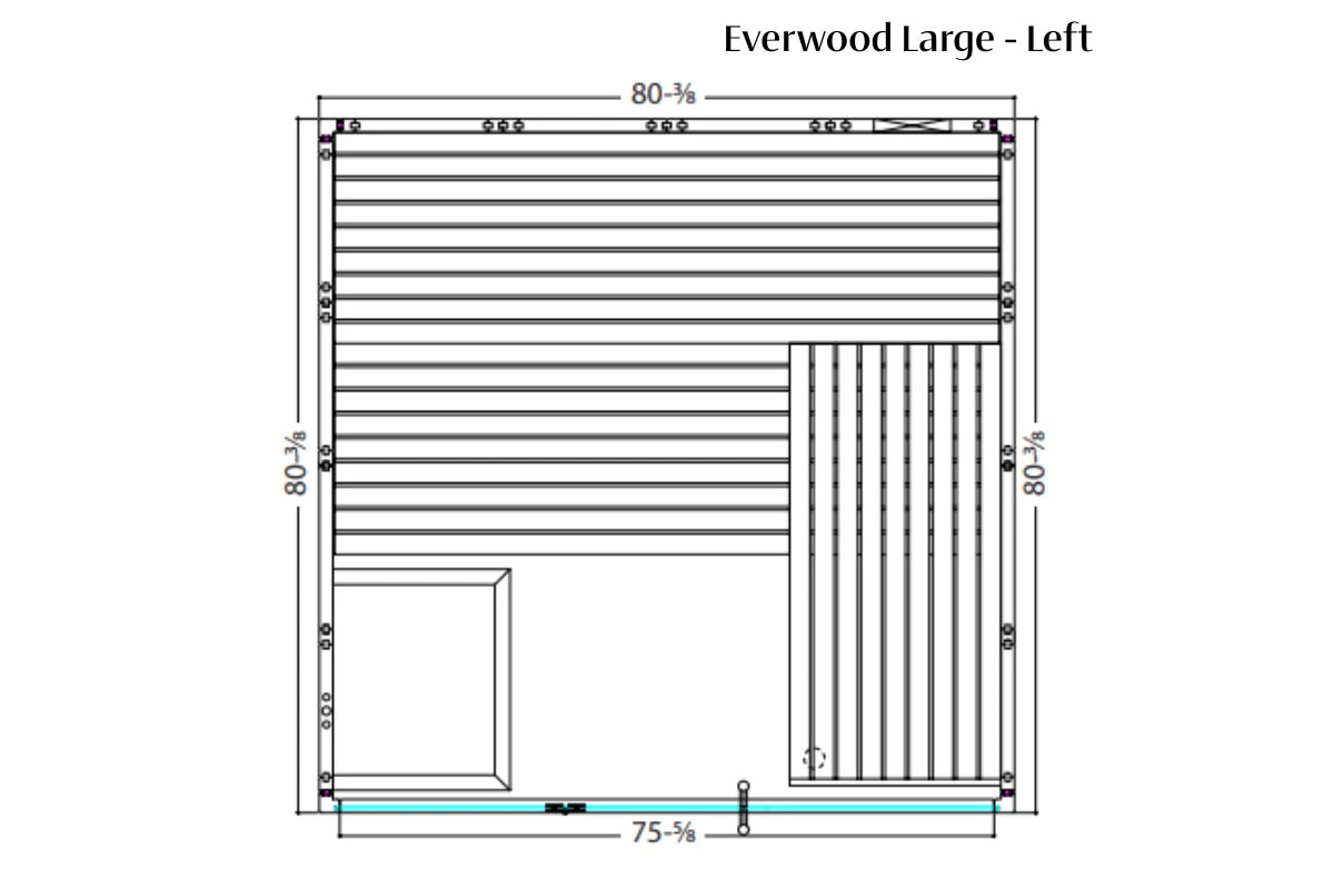Everwood large sauna floor plan schematic showing 80-3/8 inch width, 80-3/8 inch height, horizontal bench seating on left and