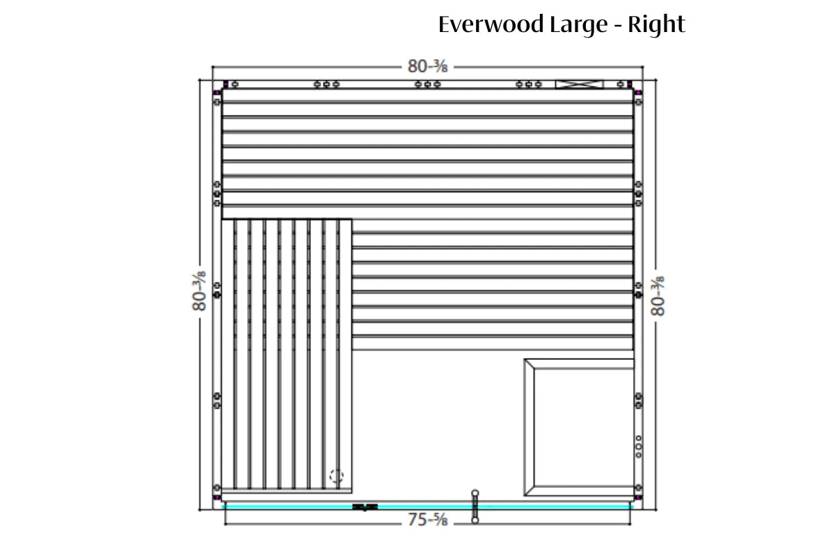 Technical schematic of Everwood Large Right sauna showing horizontal and vertical slat design with dimensions 80-3/8 inches w