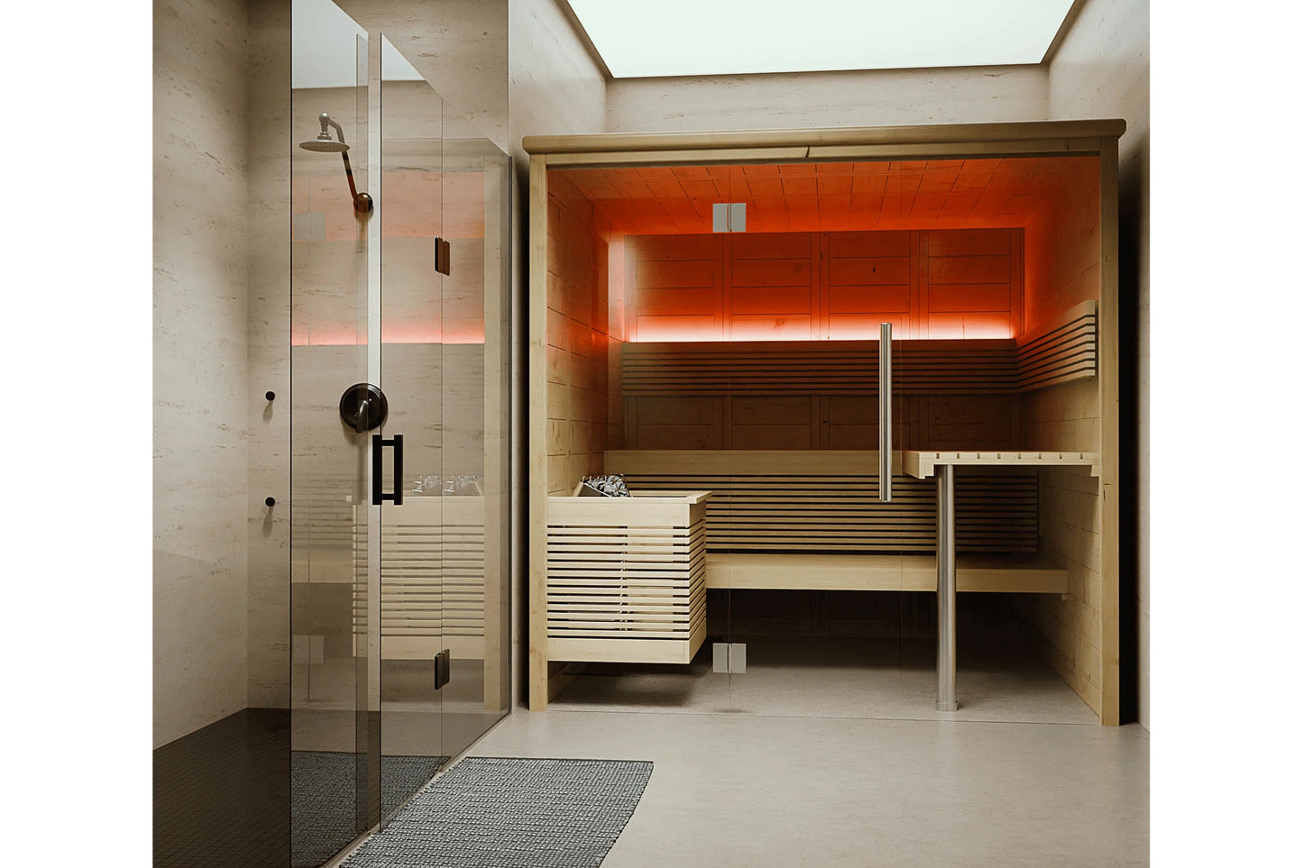 Almost Heaven Everwood indoor sauna with orange ceiling, wooden benches, glass doors and chrome handles in spa bathroom setti
