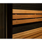 Natural wood slat headrest and interior details of barrel sauna with black frame