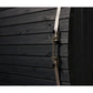 Black wooden barrel sauna exterior with horizontal planks, metal bands, and stainless steel latch hardware visible on the fro