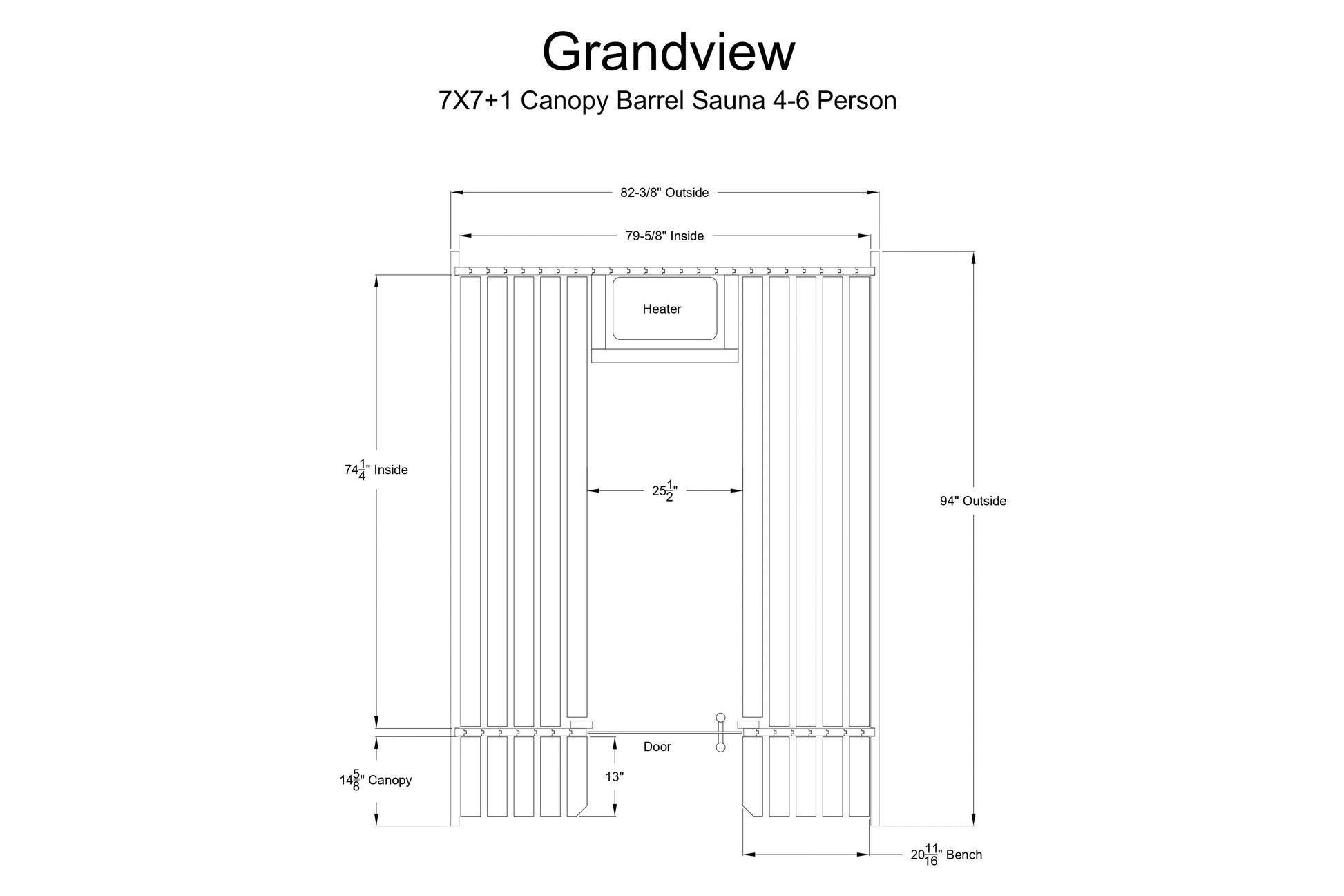 Technical schematic diagram of barrel sauna with dimensions, showing 7x7 foot canopy design, interior heater, door, and bench