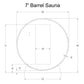 7' barrel sauna technical blueprint with dimensions, front-facing circular design and rectangular interior chamber shown on w