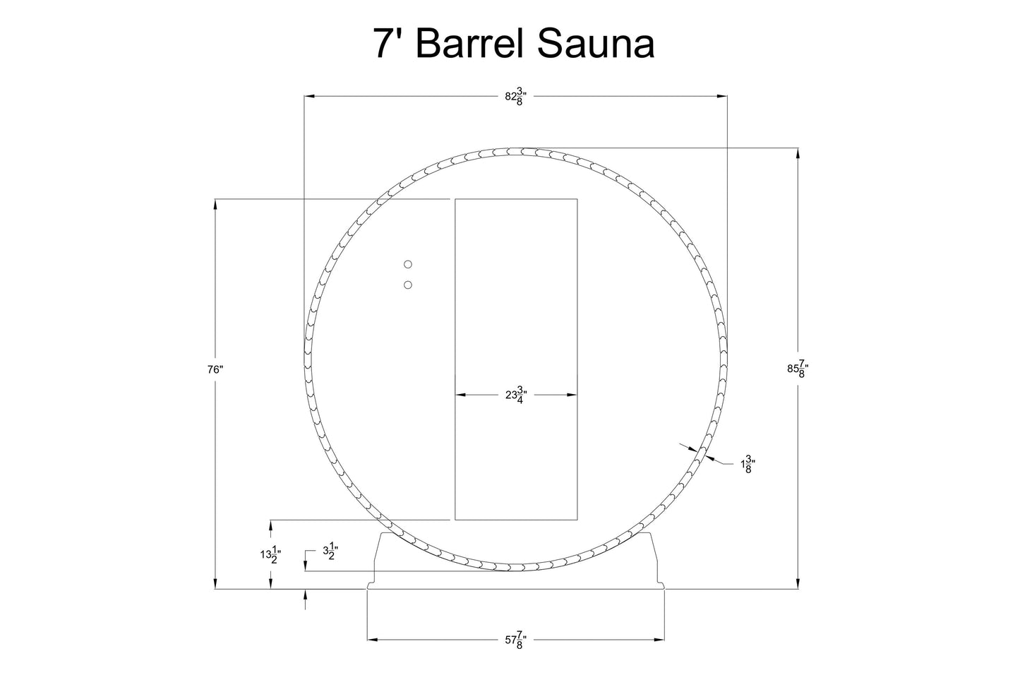 7' barrel sauna technical blueprint with dimensions, front-facing circular design and rectangular interior chamber shown on w