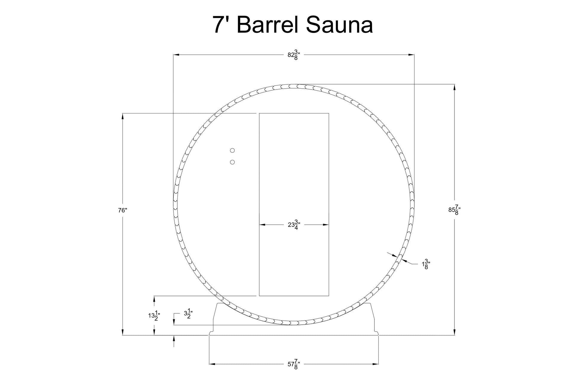 7' barrel sauna technical blueprint with dimensions, front-facing circular design and rectangular interior chamber shown on w