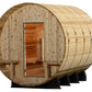 Cylindrical wooden barrel sauna with light pine exterior, open wooden door showing cedar interior, metal bands around curved 