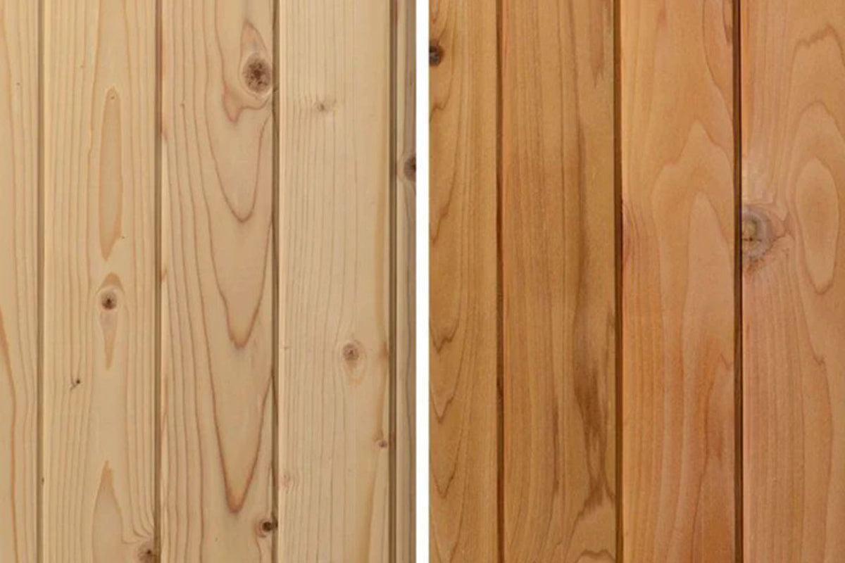 Light pine and medium cedar wood planks with natural grain patterns and knots, shown in flat lay comparison view