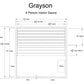Grayson 4-person indoor sauna floor plan showing wooden bench seating, glass door and panels, interior heater, and dimensions