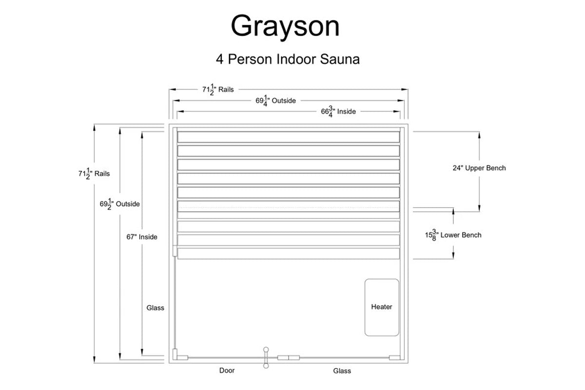 Grayson 4-person indoor sauna floor plan showing wooden bench seating, glass door and panels, interior heater, and dimensions