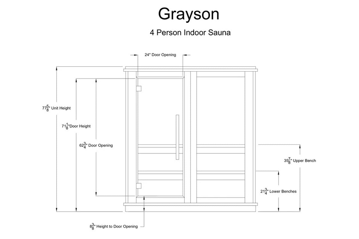 Grayson 4-person indoor sauna floor plan showing 77 5/8" unit height, 24" door opening, bench dimensions, and interior layout