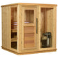 Natural wood sauna cabin with glass and wood door, interior benches, and heating unit visible through glass panels