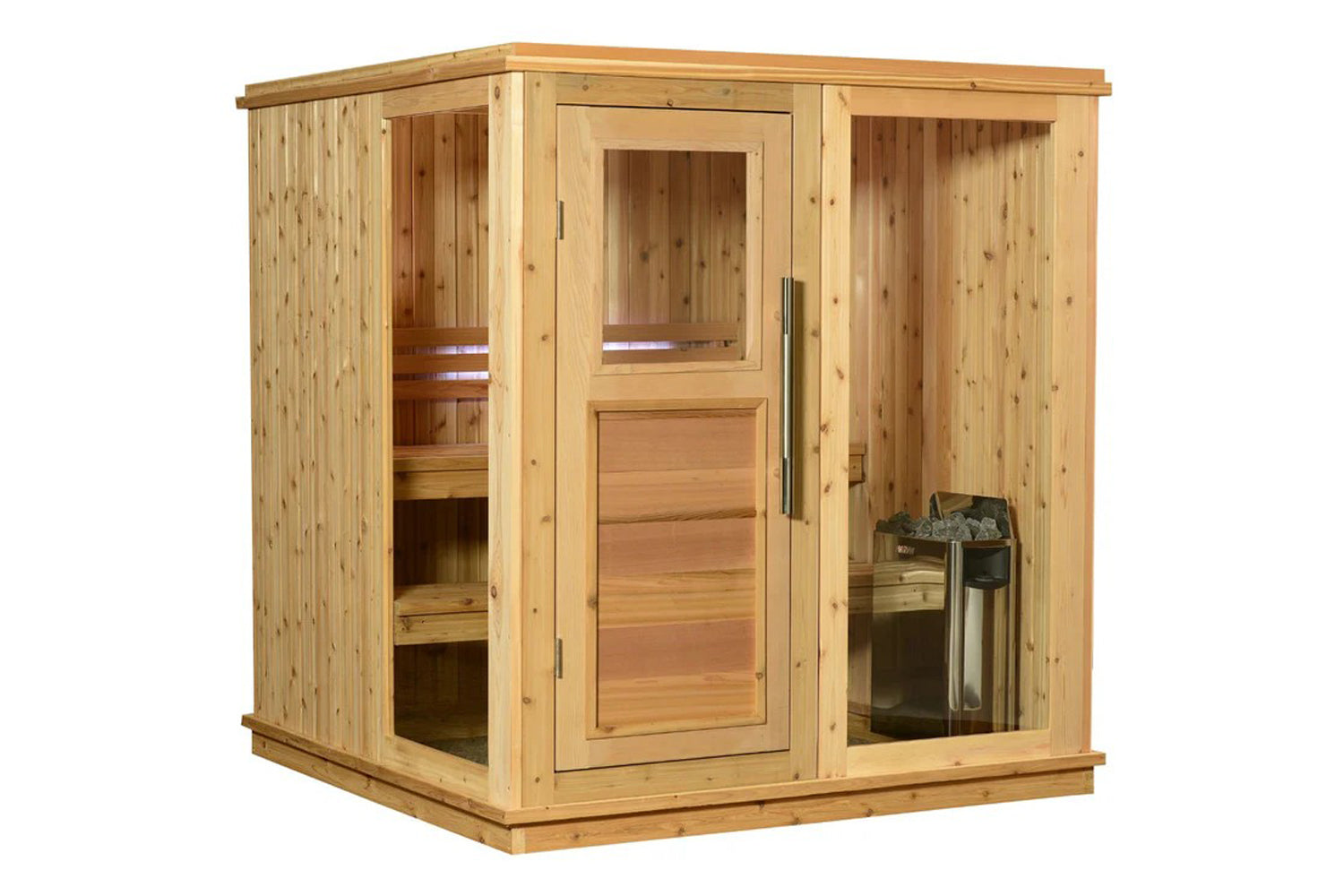 Natural wood sauna cabin with glass and wood door, interior benches, and heating unit visible through glass panels