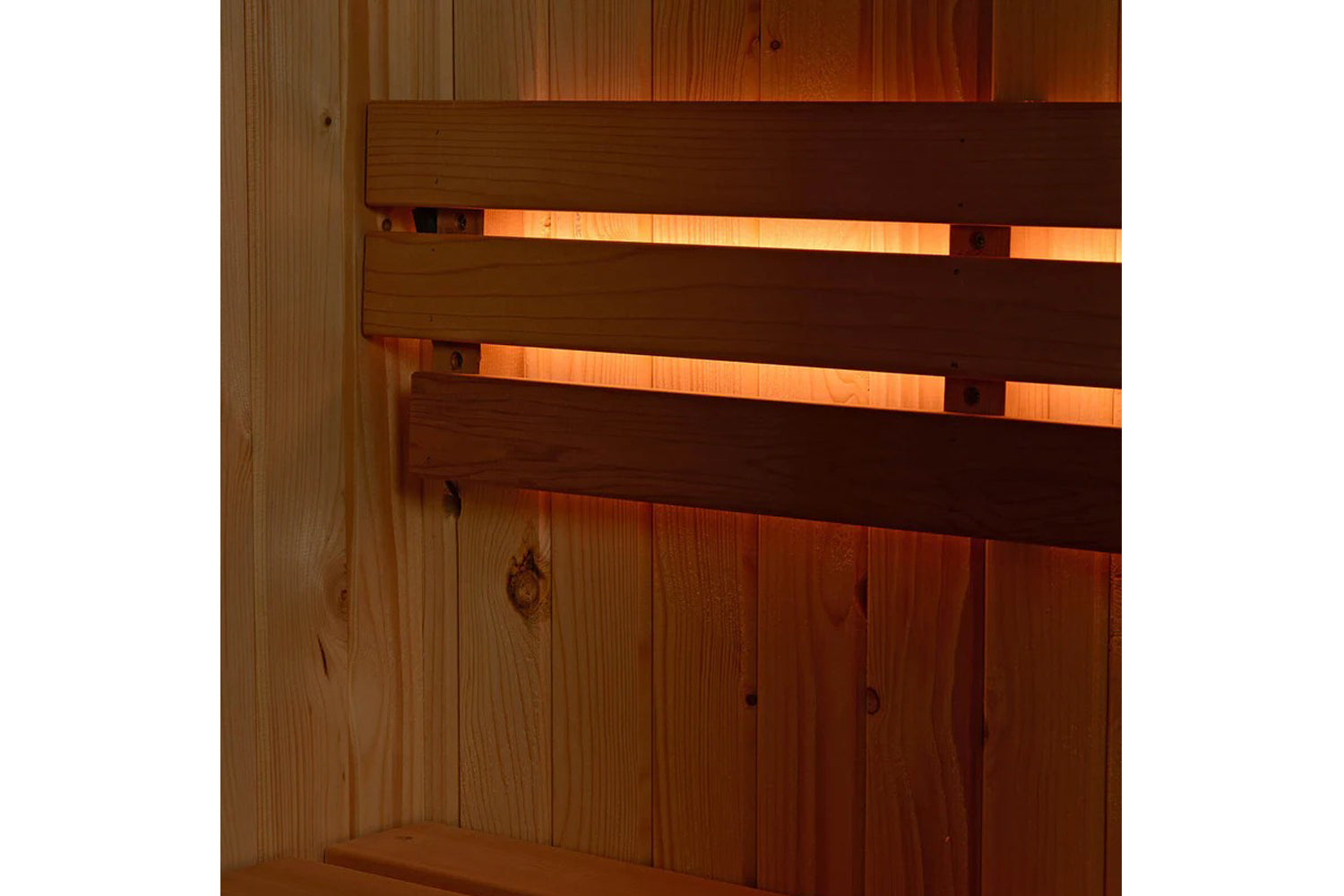 Almost Heaven Grayson hybrid sauna interior with wooden benches, dark stained backrest, and amber lighting on white backgroun
