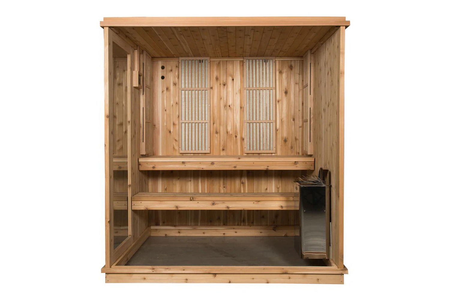 Natural wood indoor sauna with glass front door, two vertical heater panels, wooden benches, and black heater unit visible in