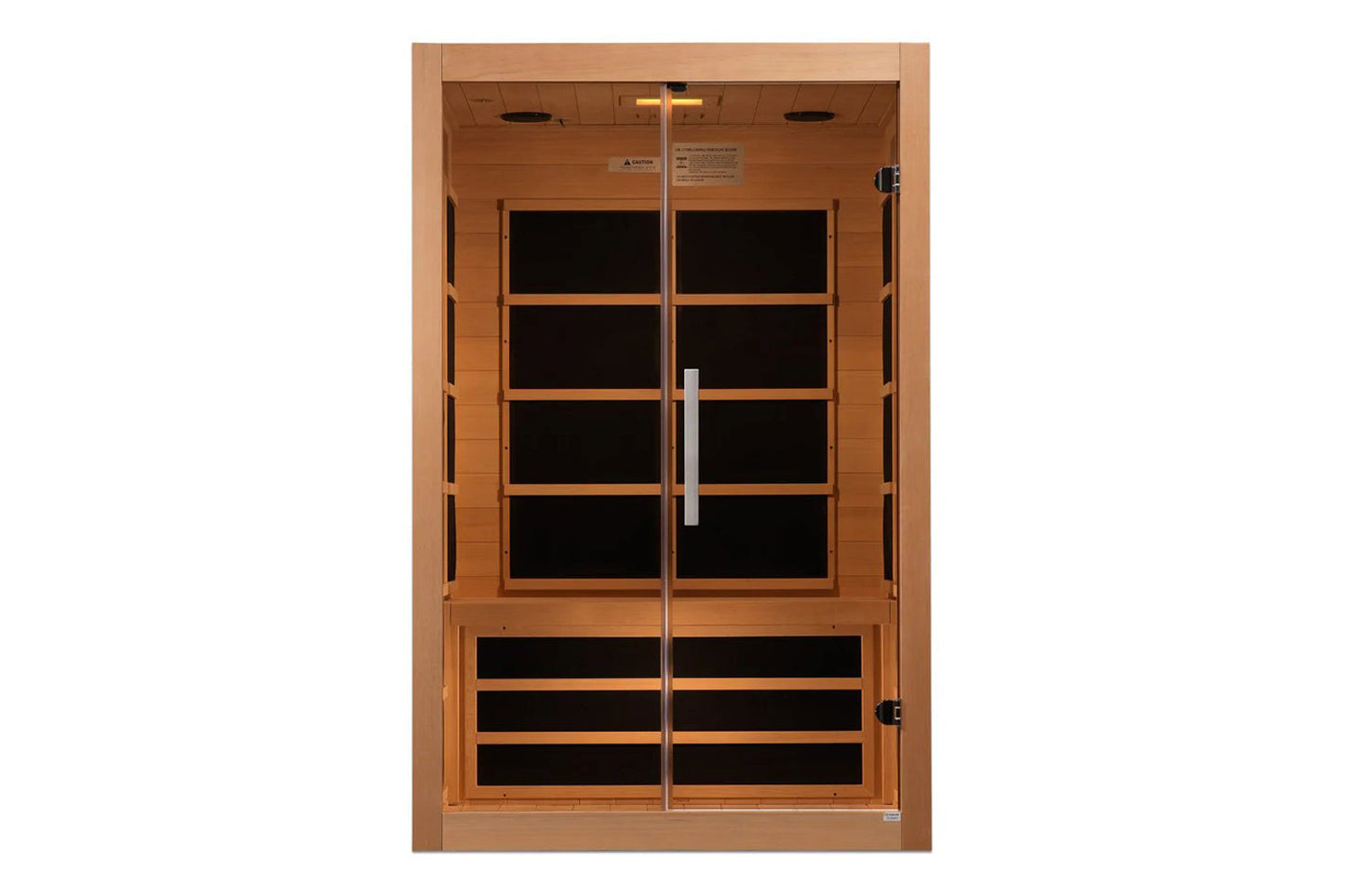 Almost Heaven Harmony 2-3 person infrared sauna with natural cedar wood frame, glass double doors, and black interior panels 