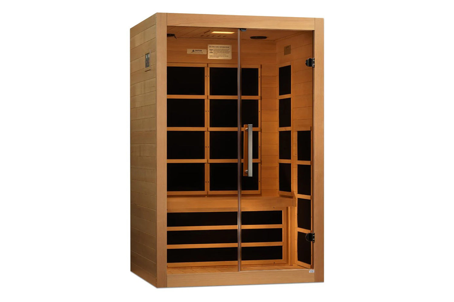 Almost Heaven Harmony wooden infrared sauna cabin with glass doors, cedar exterior, and black interior heating panels on whit