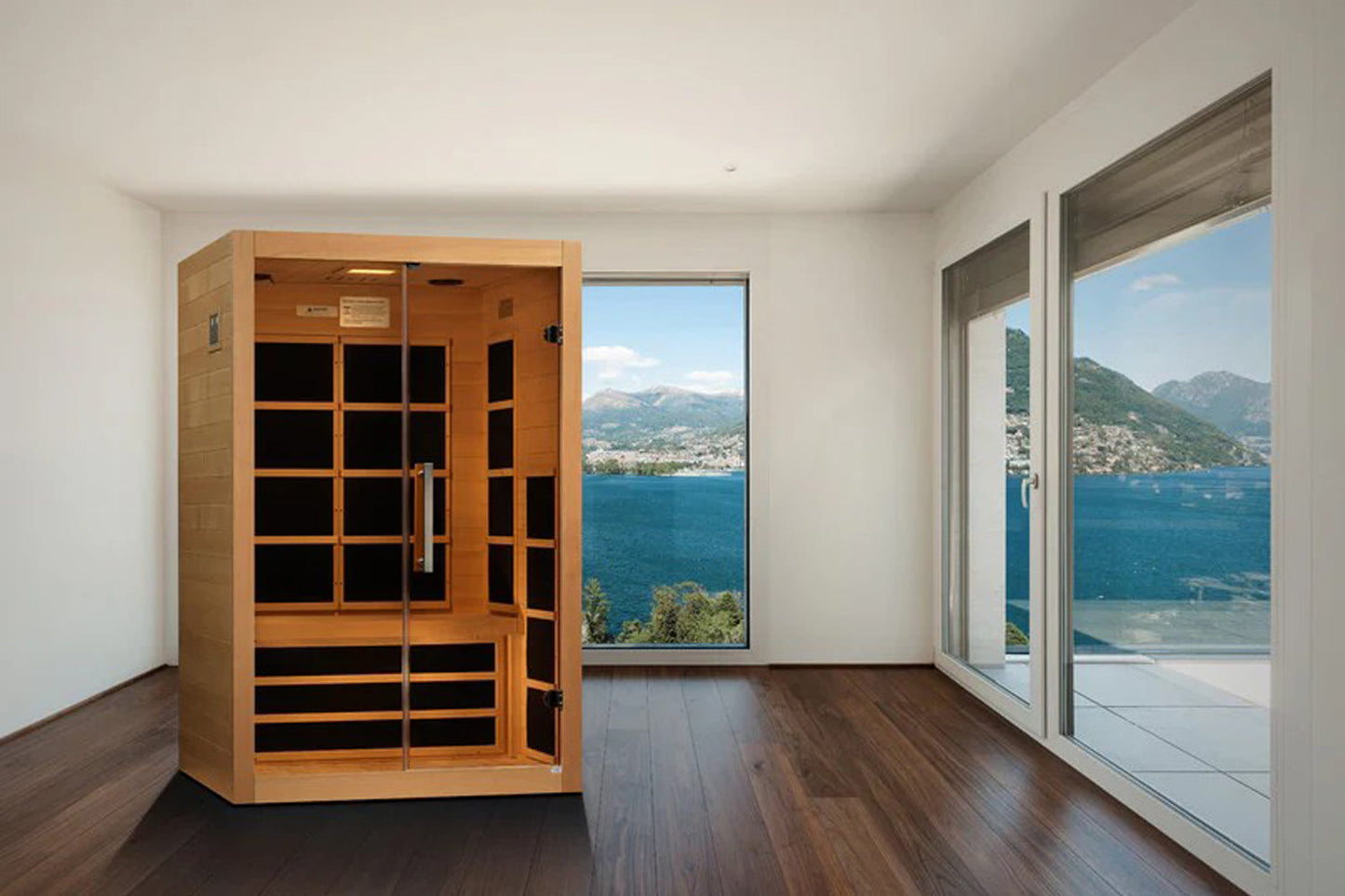 Almost Heaven Harmony 2-3 person infrared sauna with cedar wood construction and glass door, positioned in modern room with m