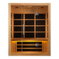 Cedar wood infrared sauna cabinet with glass doors, wooden benches, and yellow accent lighting on white background
