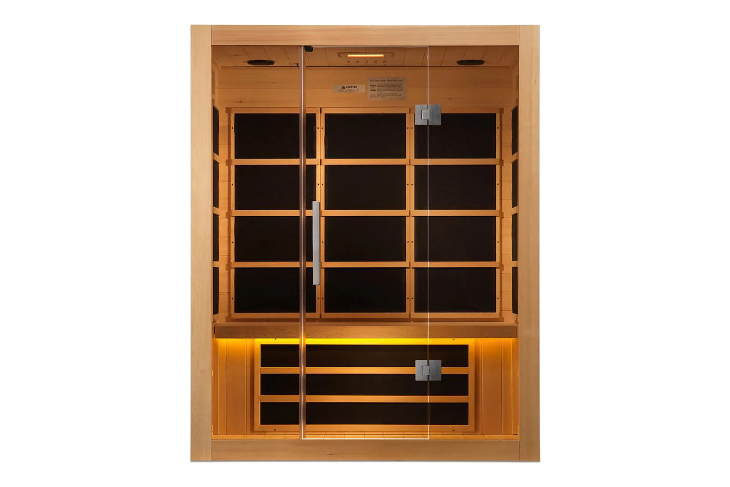Cedar wood infrared sauna cabinet with glass doors, wooden benches, and yellow accent lighting on white background